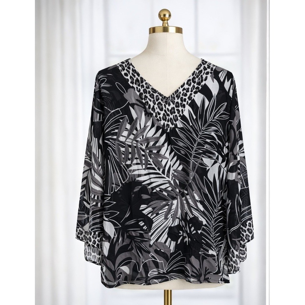 Belle by Kim Gravel Popover Top Flowy Oversized Tropical Floral‎ Semi Sheer 2x